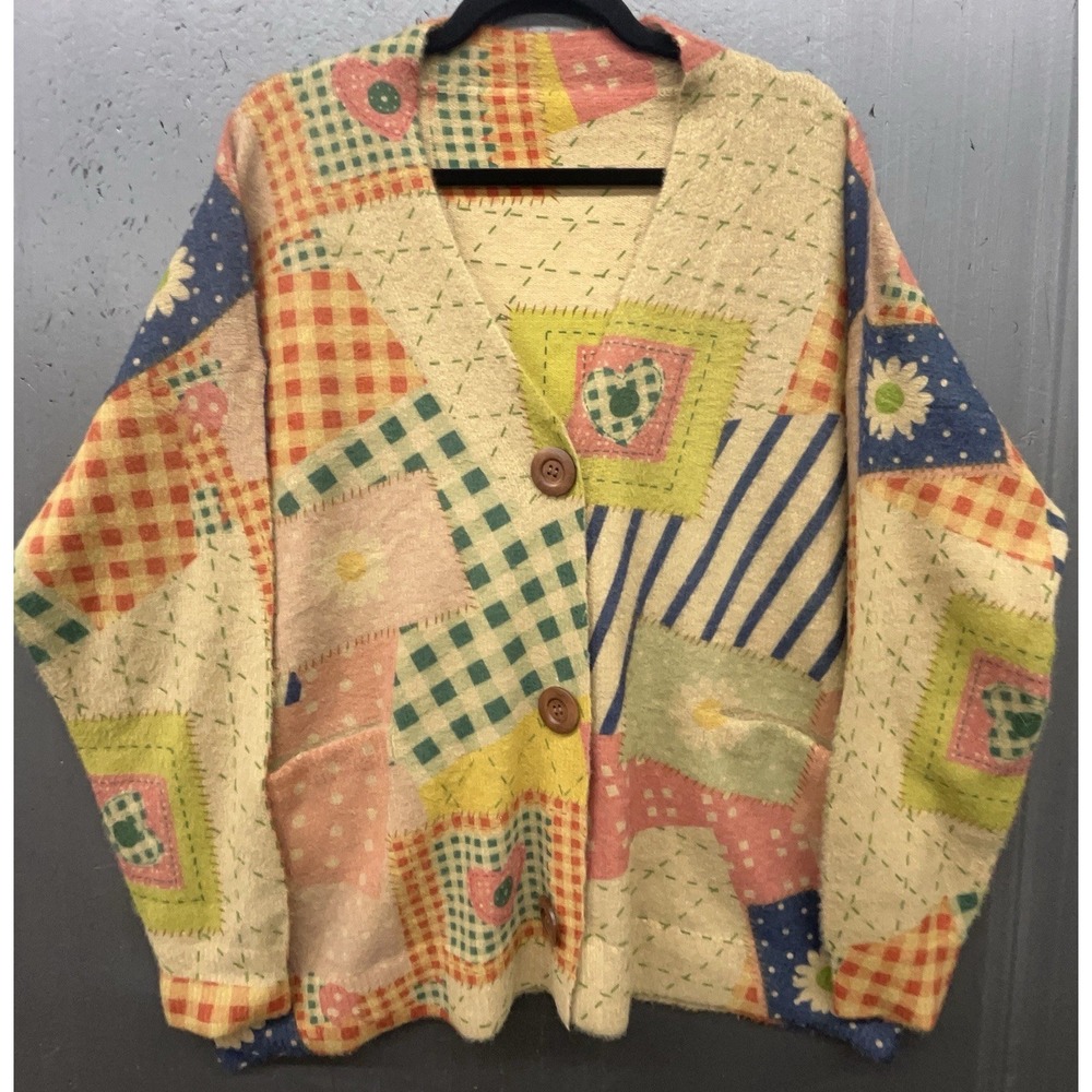 Buykud Cardigan Sweater XL Beige Multicolor Patchwork Pocket Soft Cottage Granny
